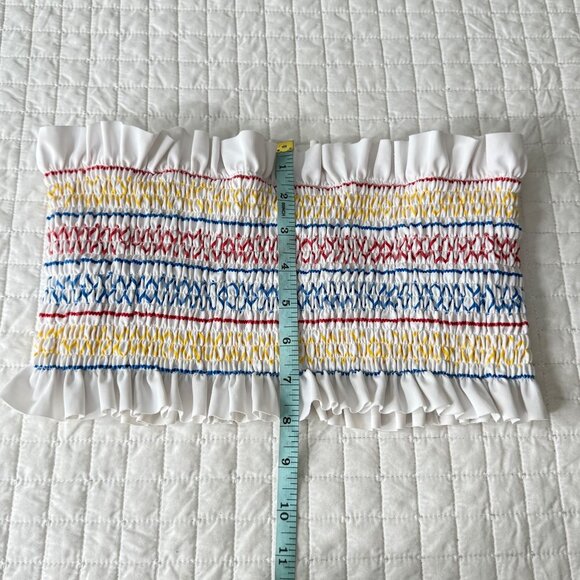 Zaful Swim White Ruffled Smocked Bandeau Bikini Top US 6 M Multicolor Pattern Ny - Picture 8 of 8